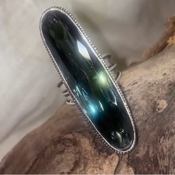 Large Iolite Elongated Faceted Cut Ring in 925 Silver Setting - Picture 1 of 16